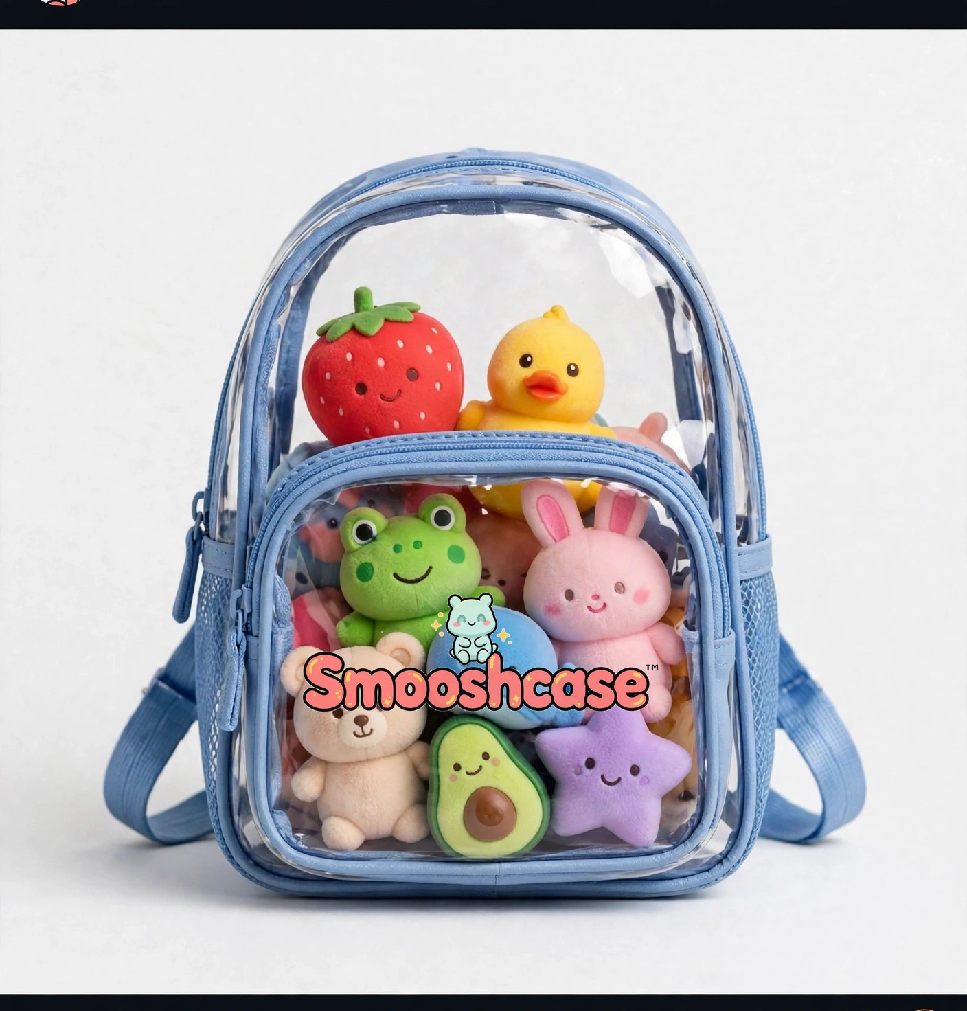 Blue Smooshcase backpack with squishies and centered logo