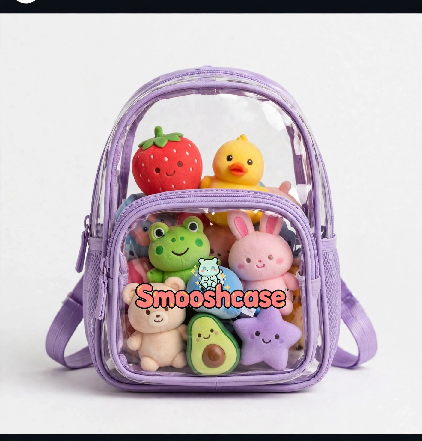 Purple Smooshcase backpack with squishies and centered logo