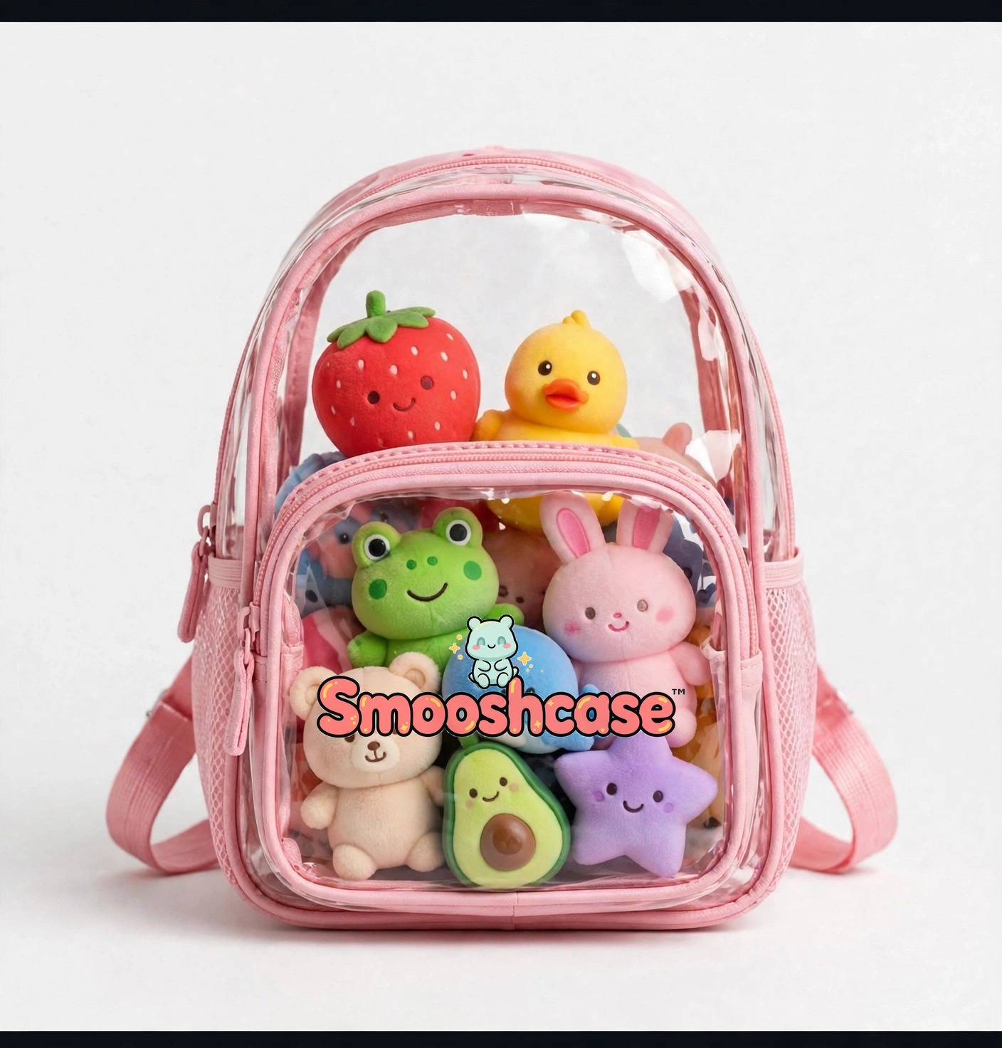 Smooshcase clear backpack with pastel pink trim, squishies in the display pocket, and centered Smooshcase logo