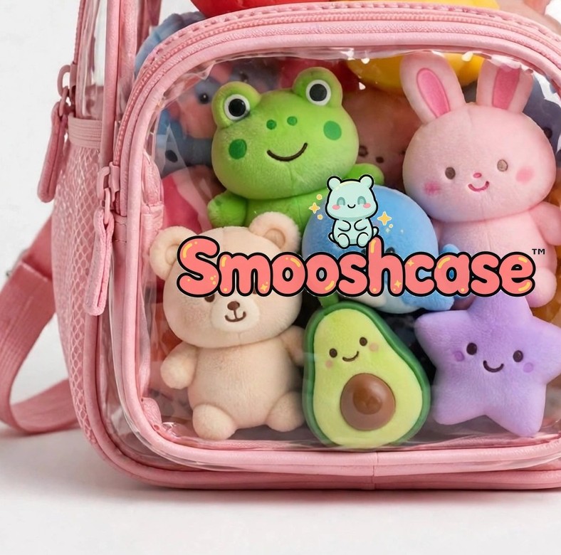 Close-up of squishies inside the Smooshcase clear display pocket under the centered logo